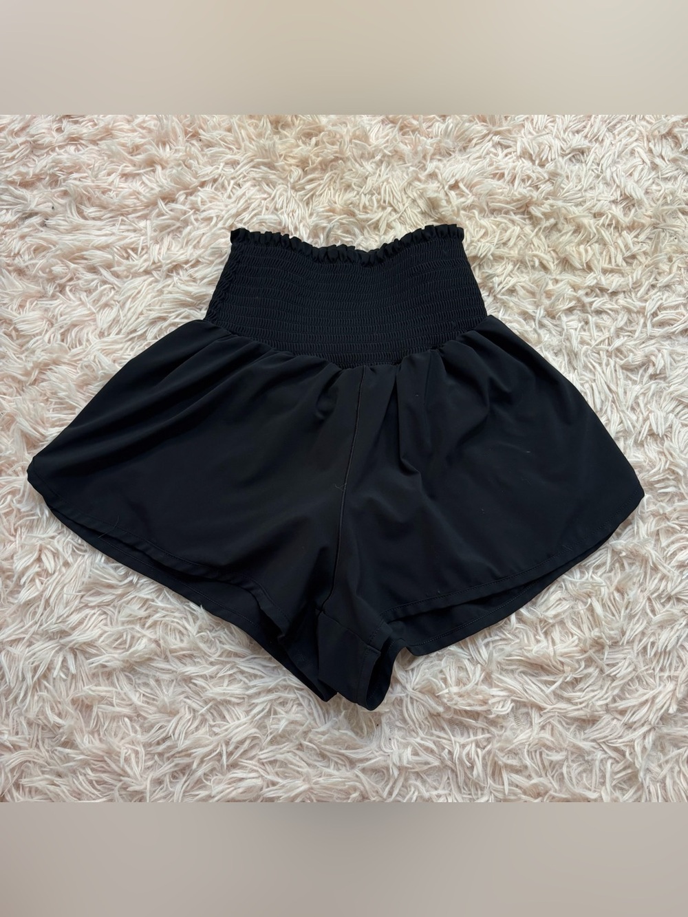 aerie Black Smocked High-Waist Athletic Shorts